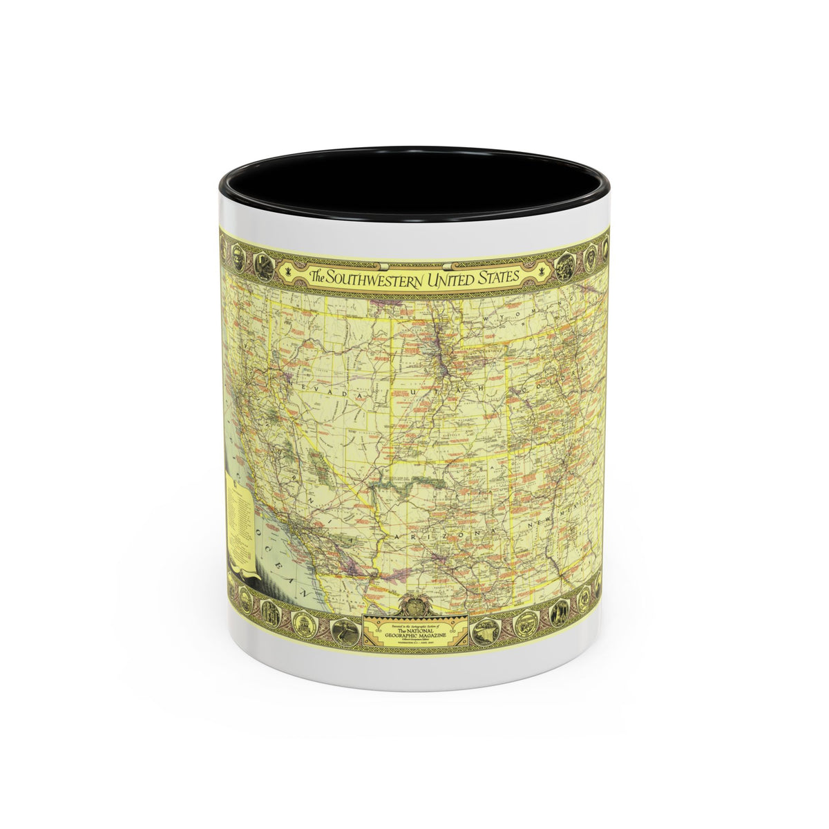 Antique parchment-toned map of the southwestern United States with a decorative medallion border and scroll legend.