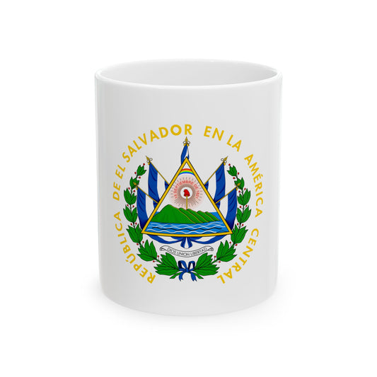 Circular national seal with a green volcano over blue water, a red liberty cap in the sun and a laurel wreath.
