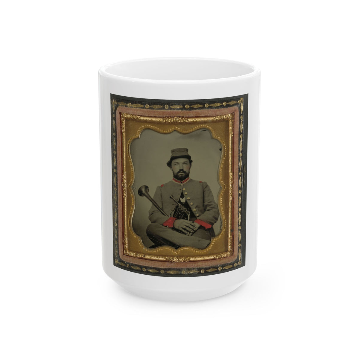 Unidentified Soldier In Confederate Uniform With Saxhorn (U.S. Civil War) White Coffee Mug