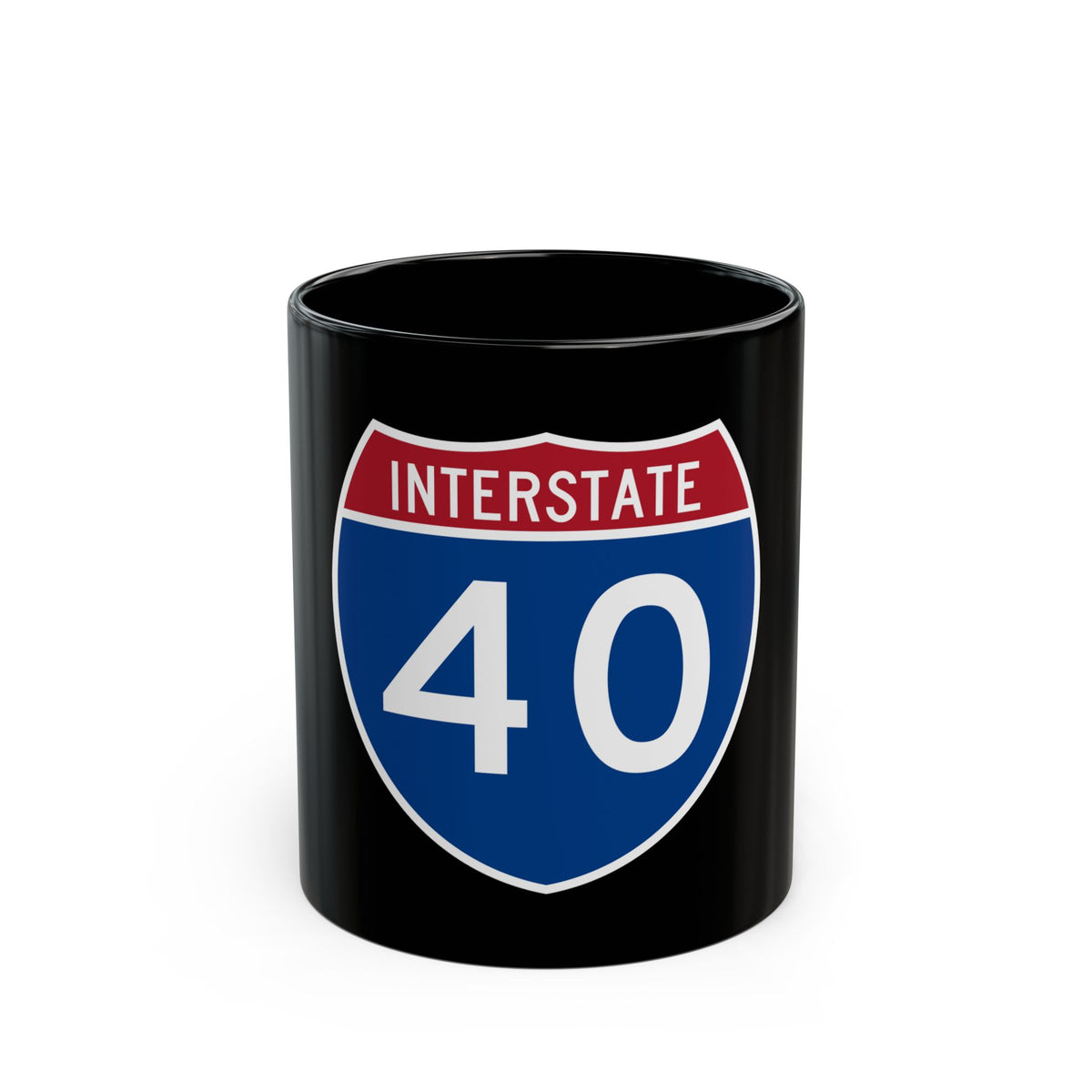 Blue and brick red Interstate 40 route shield, the word INTERSTATE in a top band above a white 40.