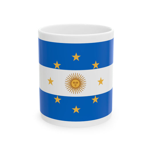 Blue and white horizontal flag with a gold sun face at its centre and eight gold stars in a ring.