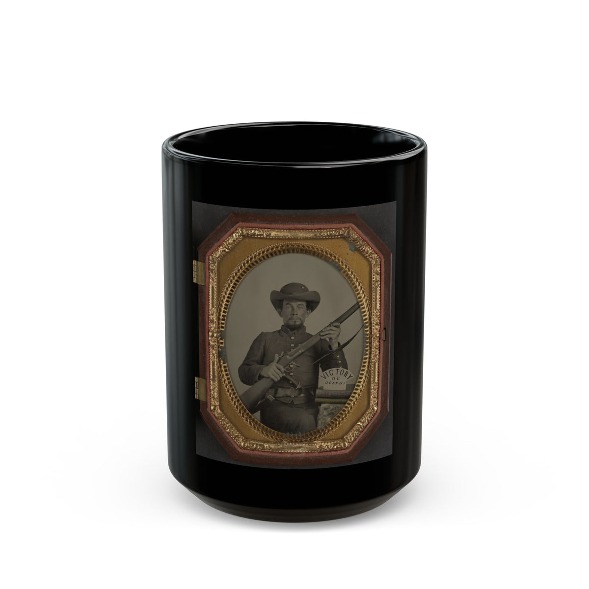 Unidentified Soldier In Confederate Uniform With Musket, Knife, And Sign Reading Victory Or Death! Atop Two Books (U.S. Civil War) Black Coffee Mug