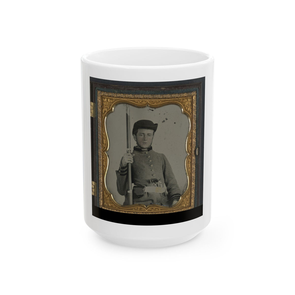 Private Peter Lauck Kurtz Of Company A, 5th Virginia Infantry Regiment, In Uniform With Musket And Revolver (U.S. Civil War) White Coffee Mug