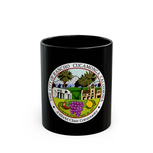 Circular seal of Rancho Cucamonga, California, with palm trees, mountains and a church above grapes and fruit.