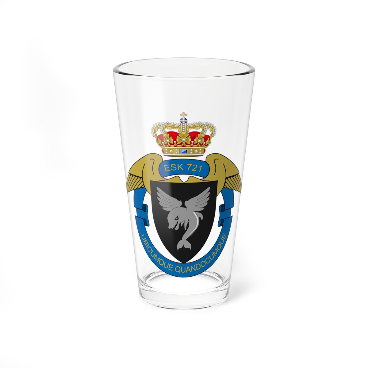 Flat vector heraldic crest with a grey winged sea creature on a black shield, a crown and gold wings.