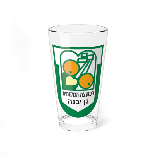 Green shield-shaped municipal emblem with two orange circles, white bars and Hebrew lettering on a white background.