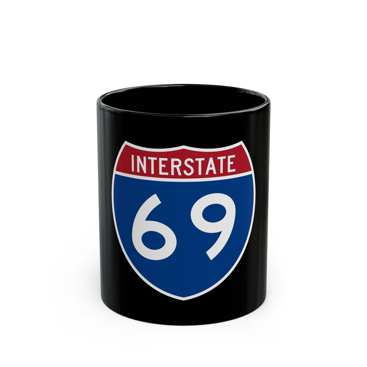 Flat vector US Interstate 69 route shield: white INTERSTATE above the number 69, set on navy blue.