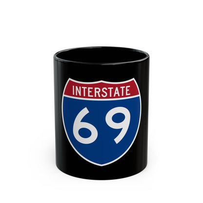Flat vector US Interstate 69 route shield: white INTERSTATE above the number 69, set on navy blue.