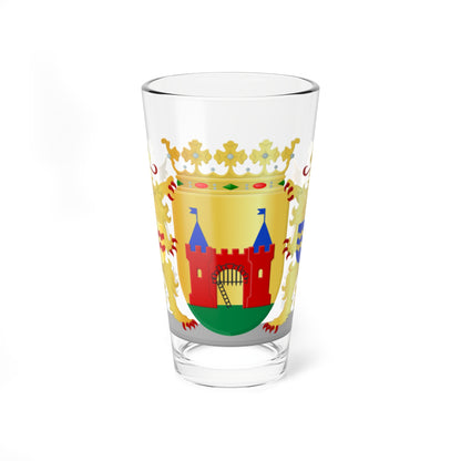 Heraldic coat of arms with two gold lions supporting a shield with a red castle and portcullis, under a gold crown.