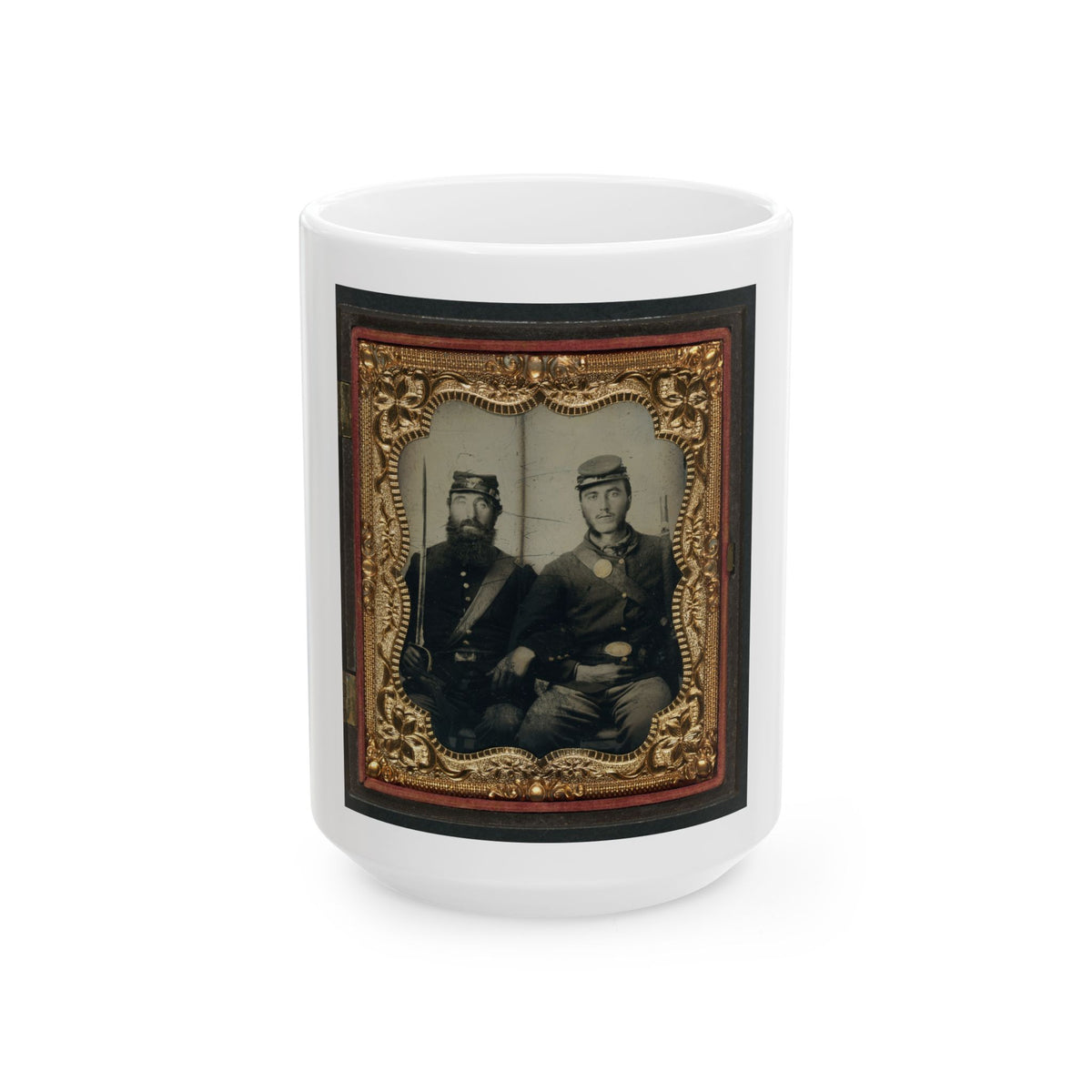 Two Unidentified Soldiers In Union Uniforms And Forage Caps With Saber And Musket (U.S. Civil War) White Coffee Mug