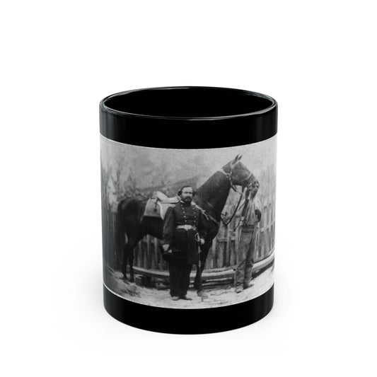 Black and white study of a bearded officer with a sword beside a saddled dark horse, with a picket fence behind.