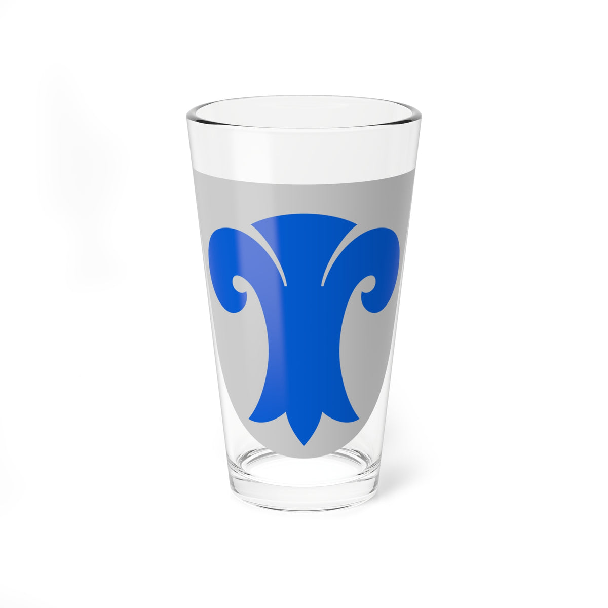 Minimalist light grey shield with a solid blue stylised lily whose side scrolls curl outward.