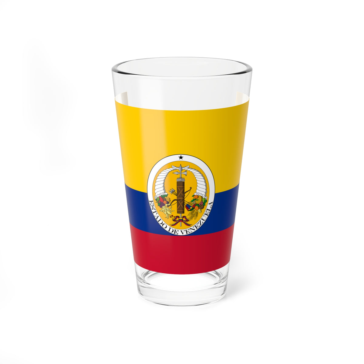 Yellow, blue and red horizontal tricolour with a central oval seal of cornucopias, a fasces and weapons.
