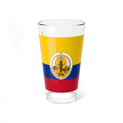Yellow, blue and red horizontal tricolour with a central oval seal of cornucopias, a fasces and weapons.