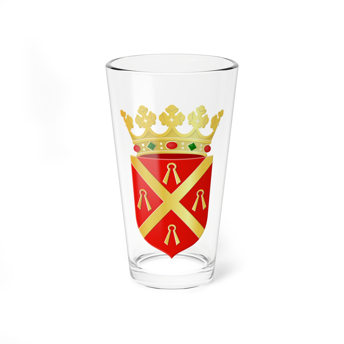 Heraldic shield with a yellow saltire and four keys on a crimson field, topped by a crown with green jewels.