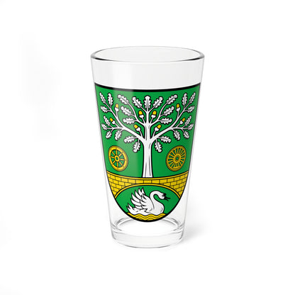 Green heraldic shield with a white oak tree, two yellow wheels, and a white swan below a yellow brick bridge.