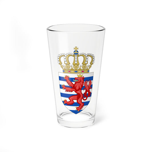Red crowned lion rampant on a shield of blue and white horizontal stripes, topped by a golden crown with pearls.