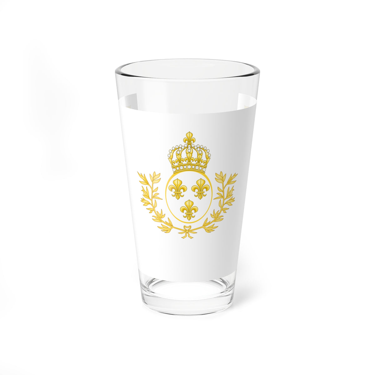 Gold crown and laurel wreath crest with three fleurs-de-lis, and a fleur-de-lis in each corner, on a white background.