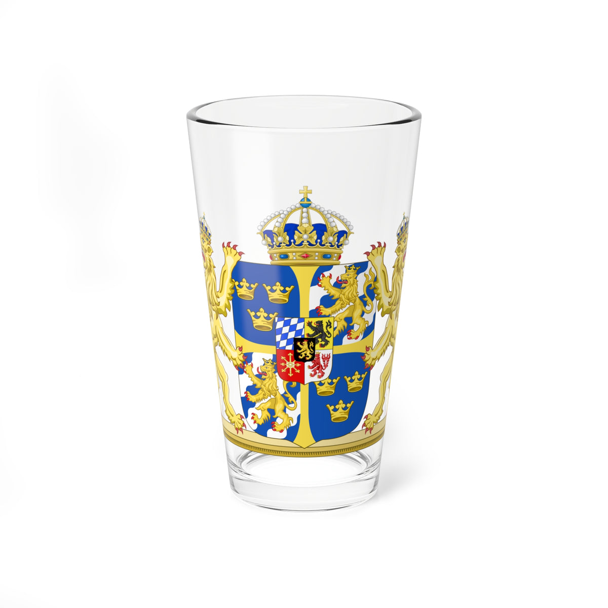 Royal coat of arms with two gold crowned lion supporters, a blue shield bearing gold crowns and a cross.