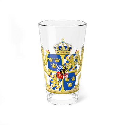Royal coat of arms with two gold crowned lion supporters, a blue shield bearing gold crowns and a cross.