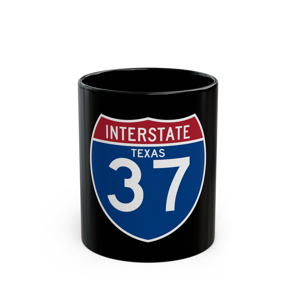 Interstate 37 shield in navy and brick red showing INTERSTATE, a TEXAS label and the white route number 37.