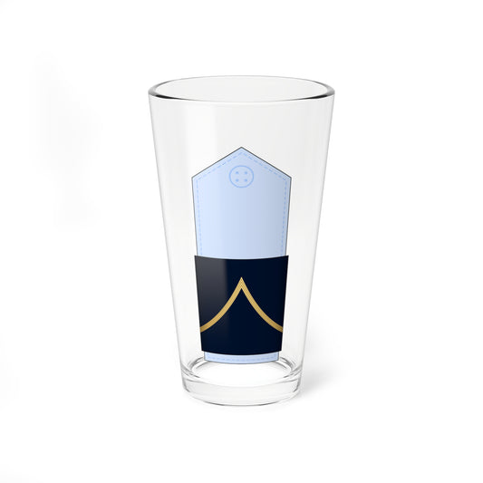 Pale blue military shoulder board with a navy band and three gold chevron stripes pointing upward.
