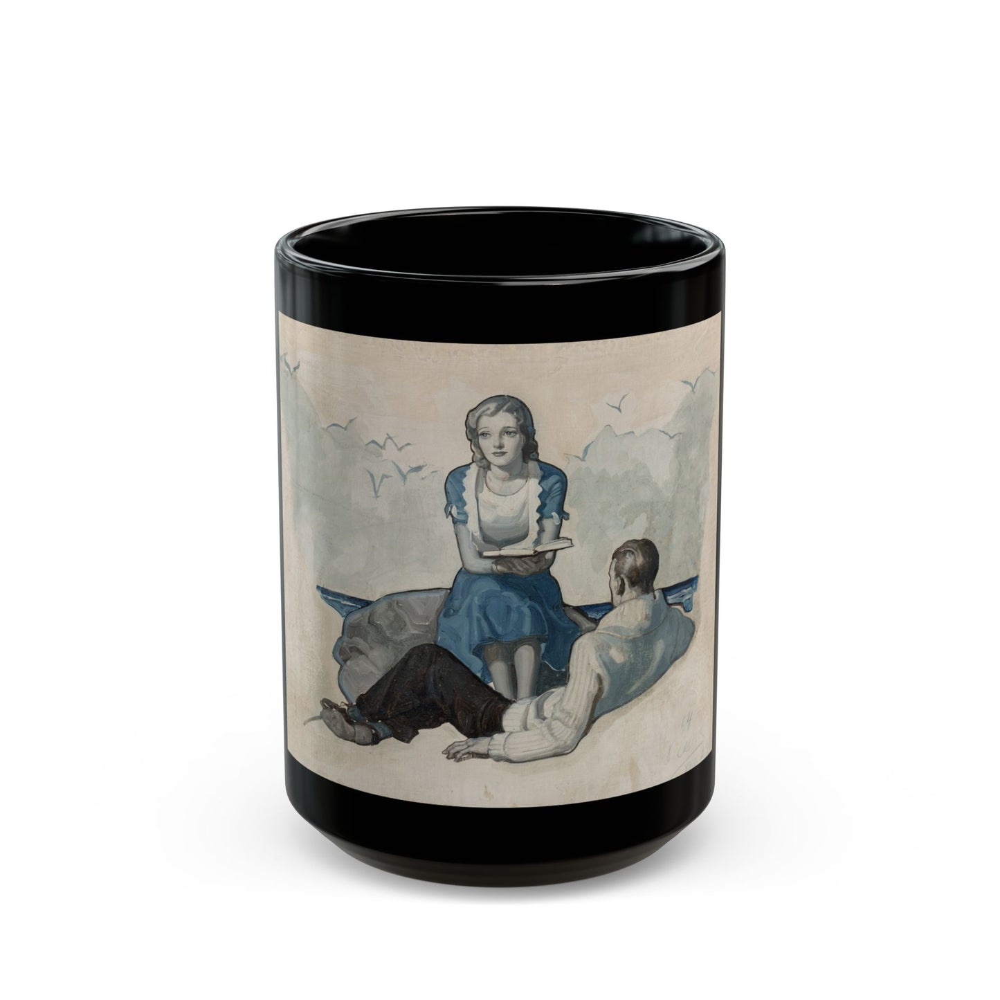 Couple Seated at Beach, 1927 - Black Coffee Mug-15oz-Go Mug Yourself