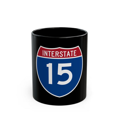 Blue and red Interstate highway shield reading INTERSTATE above the large white route number 15.
