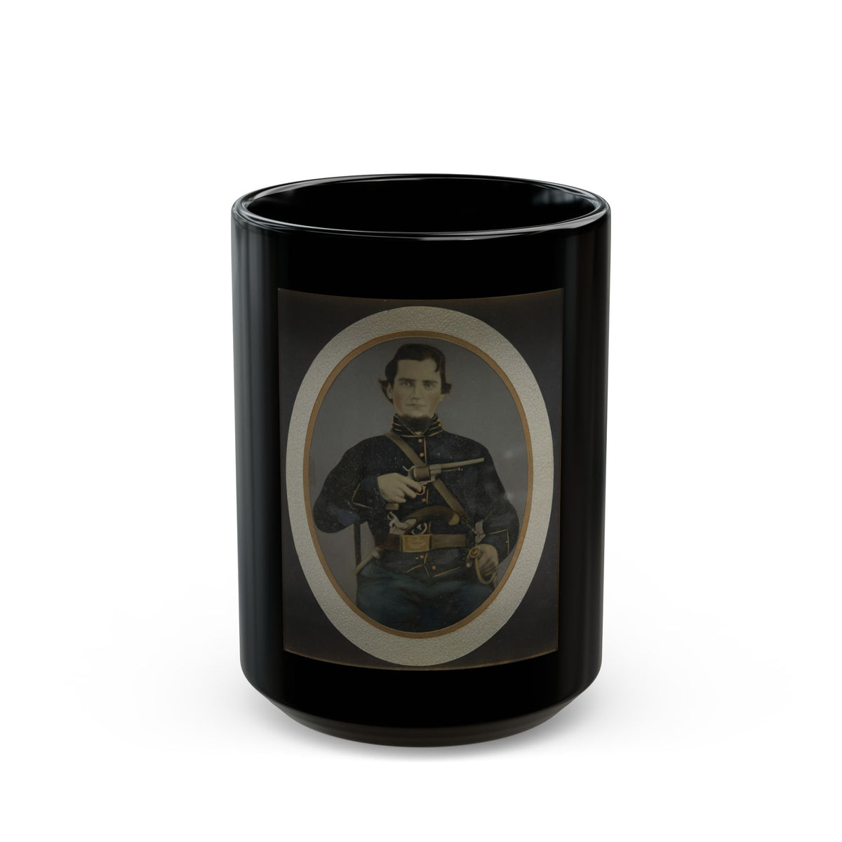 Private Silas York Of Co. F, 5th Illinois Cavalry Regiment, With Single Shot Percussion Pistol, Lefaucheux Revolver, And Sword (U.S. Civil War) Black Coffee Mug