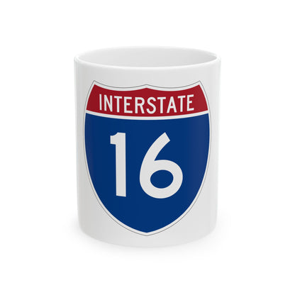 Blue and red Interstate highway shield reading INTERSTATE above the large white route number 16.