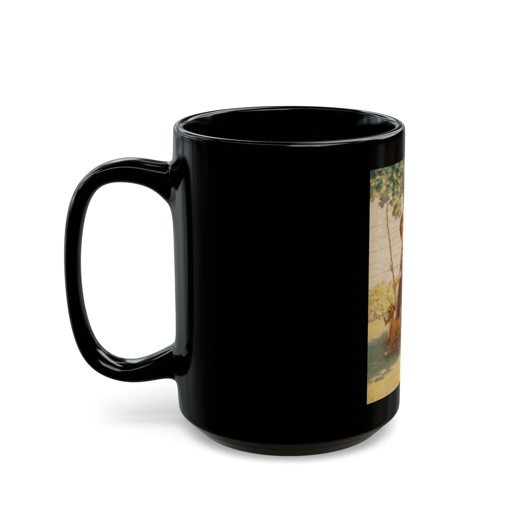 Boy and Dog Try to Sneak Away to Fish - Black Coffee Mug-Go Mug Yourself