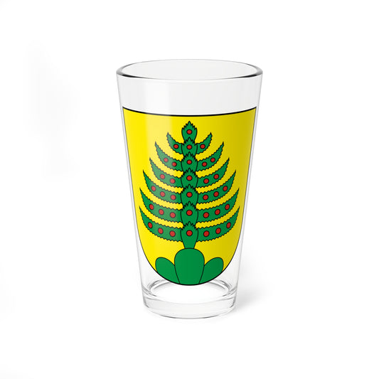 Flat yellow heraldic shield with a symmetrical green fern-like plant bearing red berries.