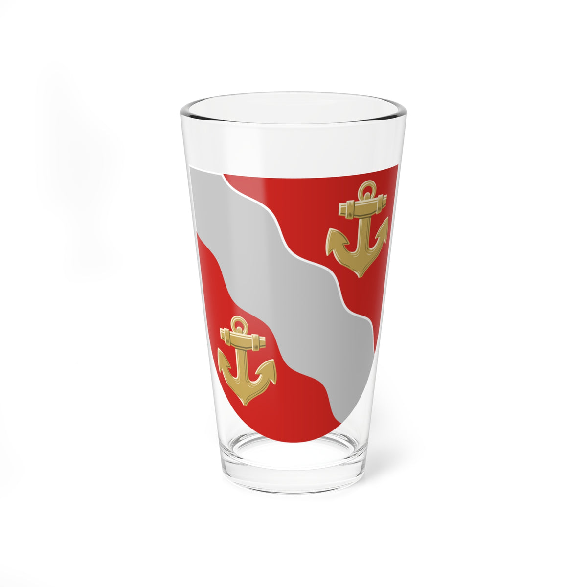 Red heraldic shield with two gold anchors and a silver wavy band running diagonally across it.