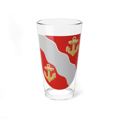Red heraldic shield with two gold anchors and a silver wavy band running diagonally across it.