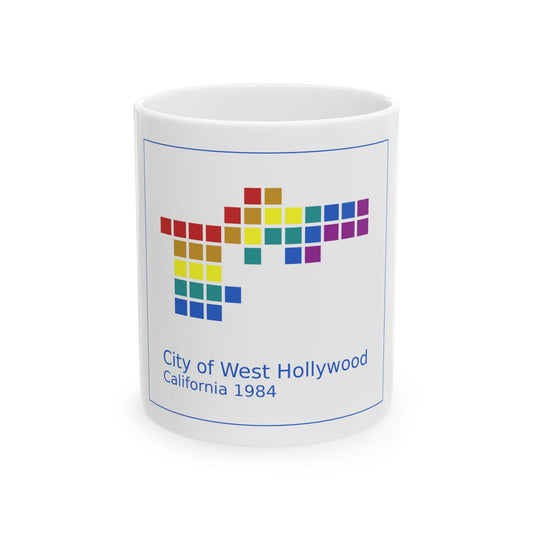 Coloured square tiles forming an abstract logo above blue lettering for West Hollywood, California, 1984.
