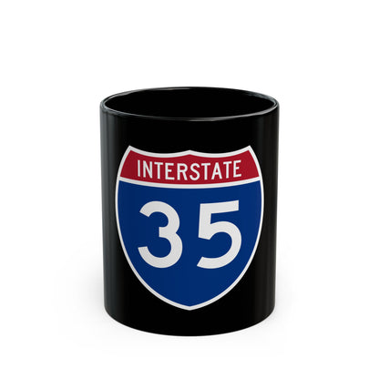 Flat vector Interstate 35 highway shield, navy with a crimson band reading INTERSTATE and white number 35.