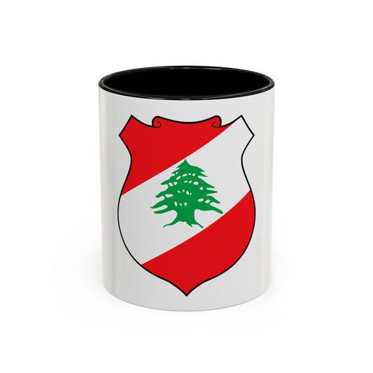 Shield divided diagonally in red and white bands with a green cedar tree at its centre, in flat vector style.
