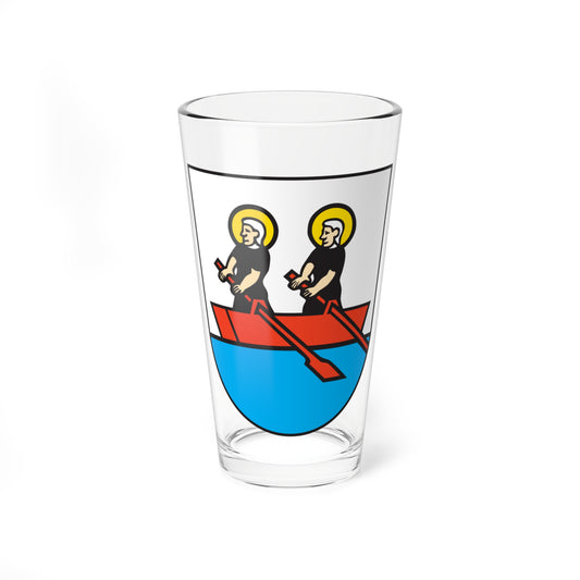 Two haloed figures in black robes stand in a red boat with oars on blue water within a white heraldic shield.