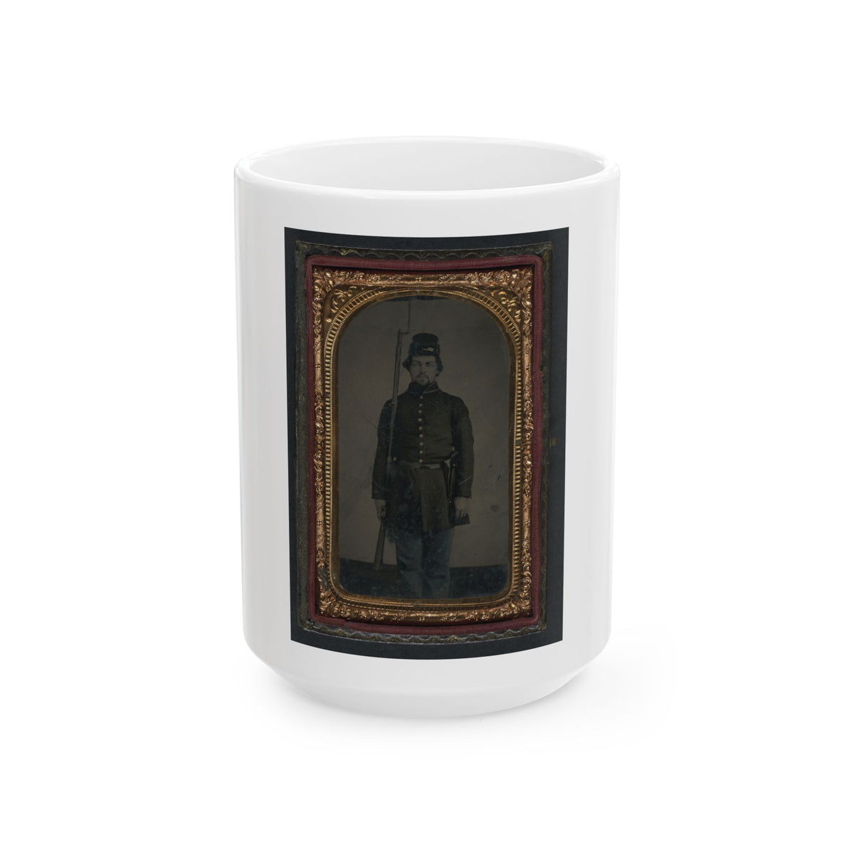 Unidentified Soldier In Union Uniform And Forage Cap With Holstered Revolver And Bayoneted Musket (U.S. Civil War) White Coffee Mug