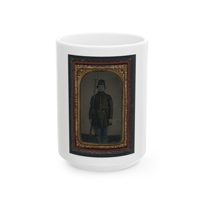 Unidentified Soldier In Union Uniform And Forage Cap With Holstered Revolver And Bayoneted Musket (U.S. Civil War) White Coffee Mug