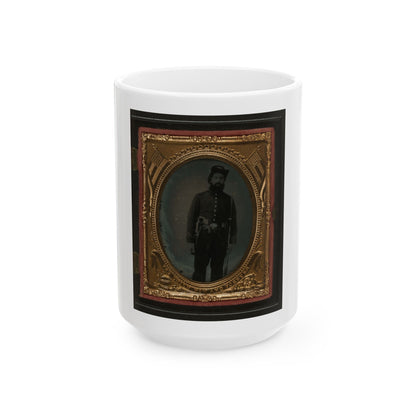 Unidentified Soldier In Union Uniform And Infantry Hardee Hat With Musket, Revolver, And Bowie Knife With Sheath (U.S. Civil War) White Coffee Mug
