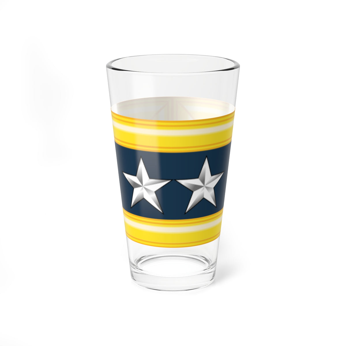 Two shiny silver five-pointed stars side by side on a navy field bordered by a bevelled gold frame in flat vector style.