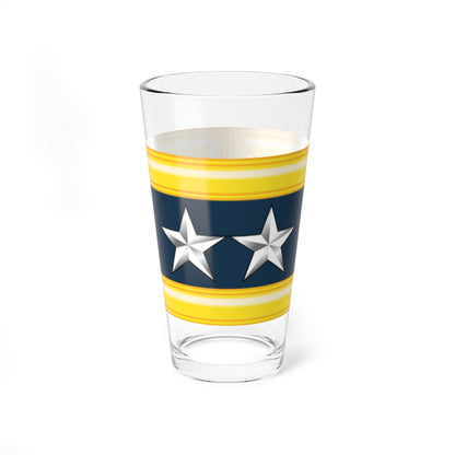 Two shiny silver five-pointed stars side by side on a navy field bordered by a bevelled gold frame in flat vector style.