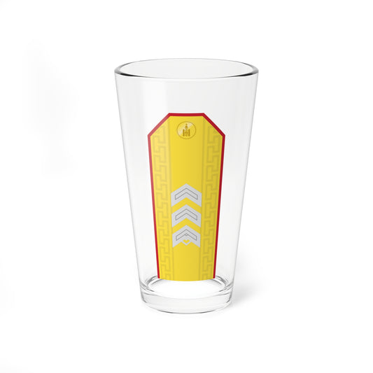 Yellow shoulder board with red border, Greek key edging, gold round emblem on top and three silver chevrons.