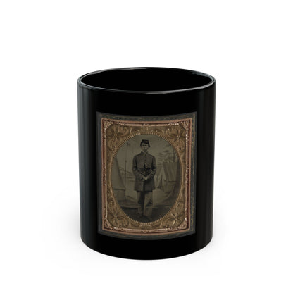 Standing Soldier, Frock Coat, Kepi, Painted Background, Dirt Floor, Done By Traveling Camp Photographer (U.S. Civil War) Black Coffee Mug