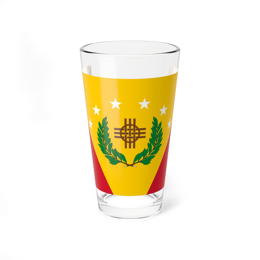 Heraldic-style graphic with a yellow inverted triangle on red, a green laurel wreath, a brown emblem and six white stars.