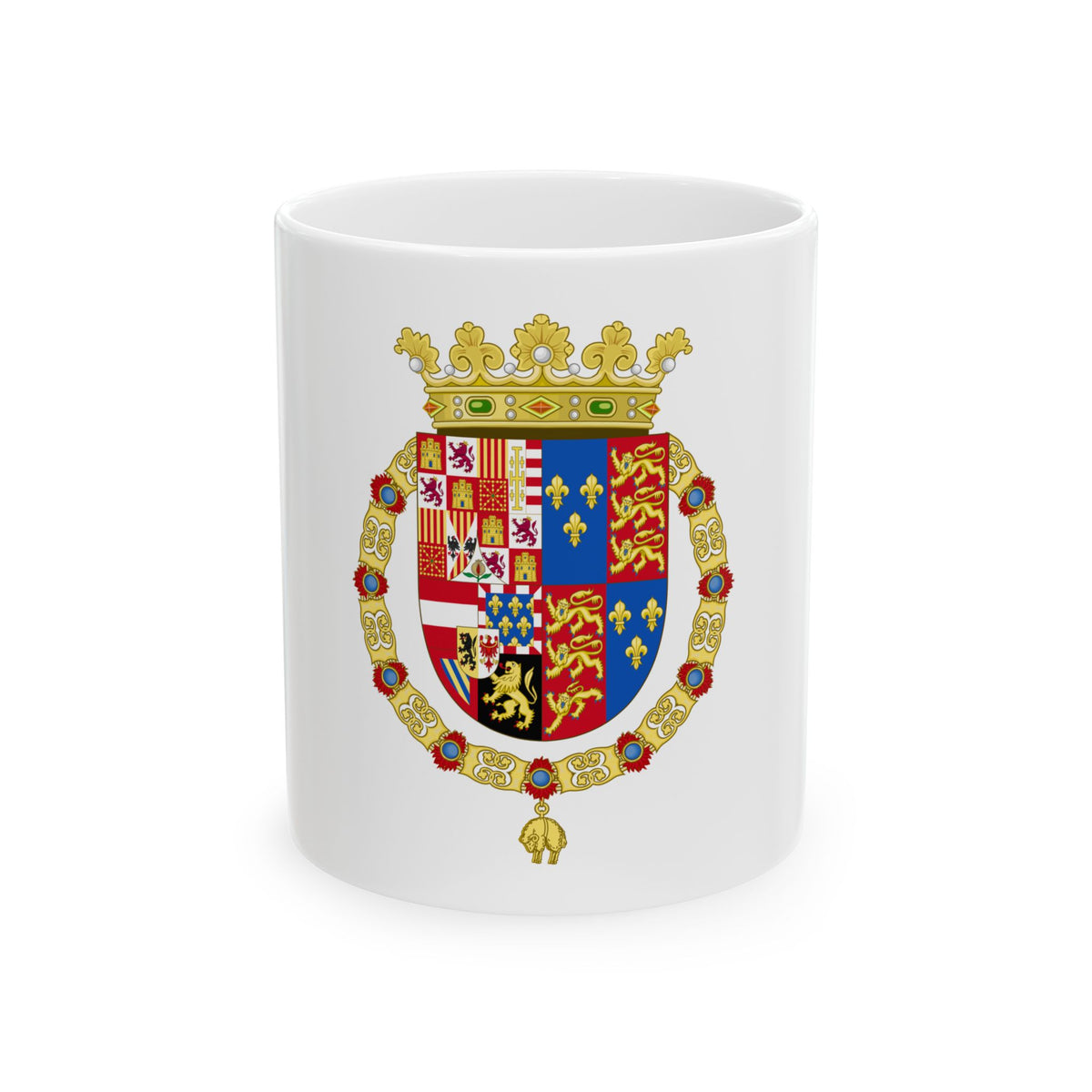 Full-colour coat of arms under a gold crown, quartered with castles, lions and fleur-de-lis within a gold collar.