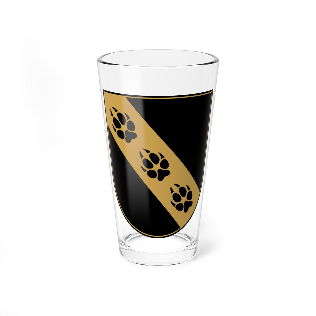 Black heraldic shield crossed by a diagonal gold band bearing three black animal paw prints.