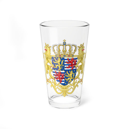 Heraldic arms with gold lion supporters flanking a quartered shield of red and gold lions, under a pearl crown.