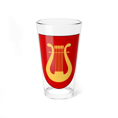 Gold lyre with six vertical strings and a crossbar centred on a plain red heraldic shield in flat vector style.
